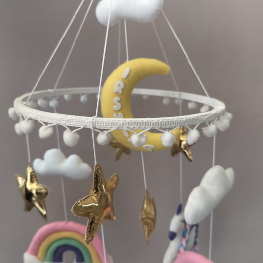 Junior Swirling Unicorn & Hot Air Balloon Personalised Cot Mobile - Pastel