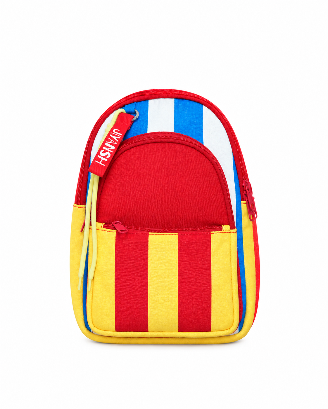 A small backpack with a bold striped pattern in red, yellow, blue, and white, featuring a red strap with the brand name 'HOWARD' in white text, set against a plain white background.