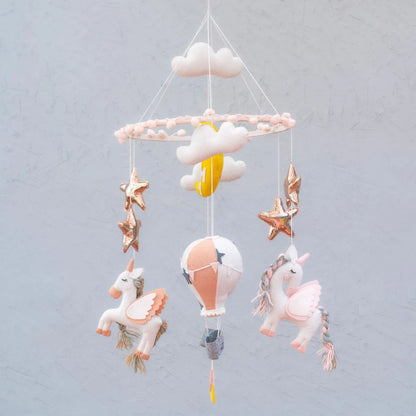 Junior Swirling Unicorn & Hot Air Balloon Personalised Cot Mobile - Pastel
